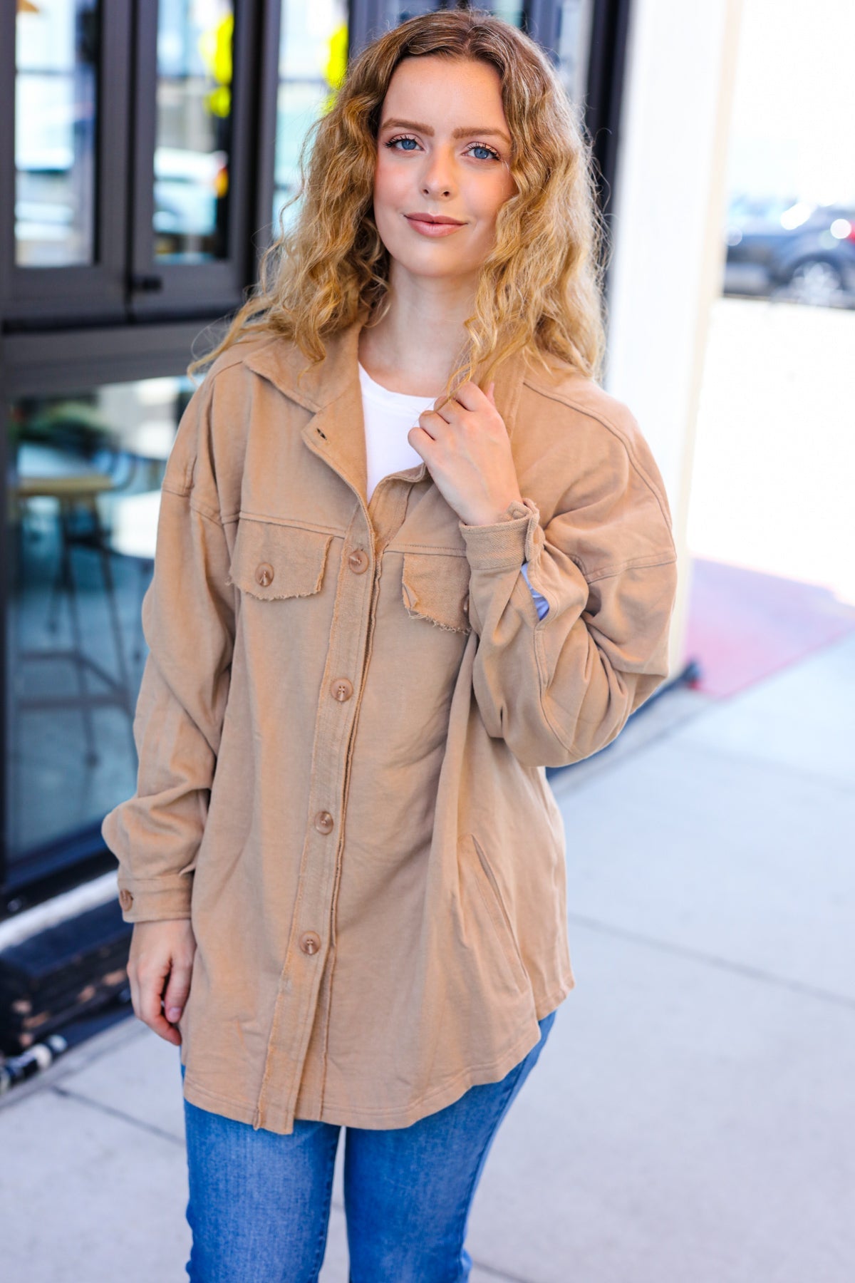 Weekend Ready Camel Terry Oversized Shirt Shacket