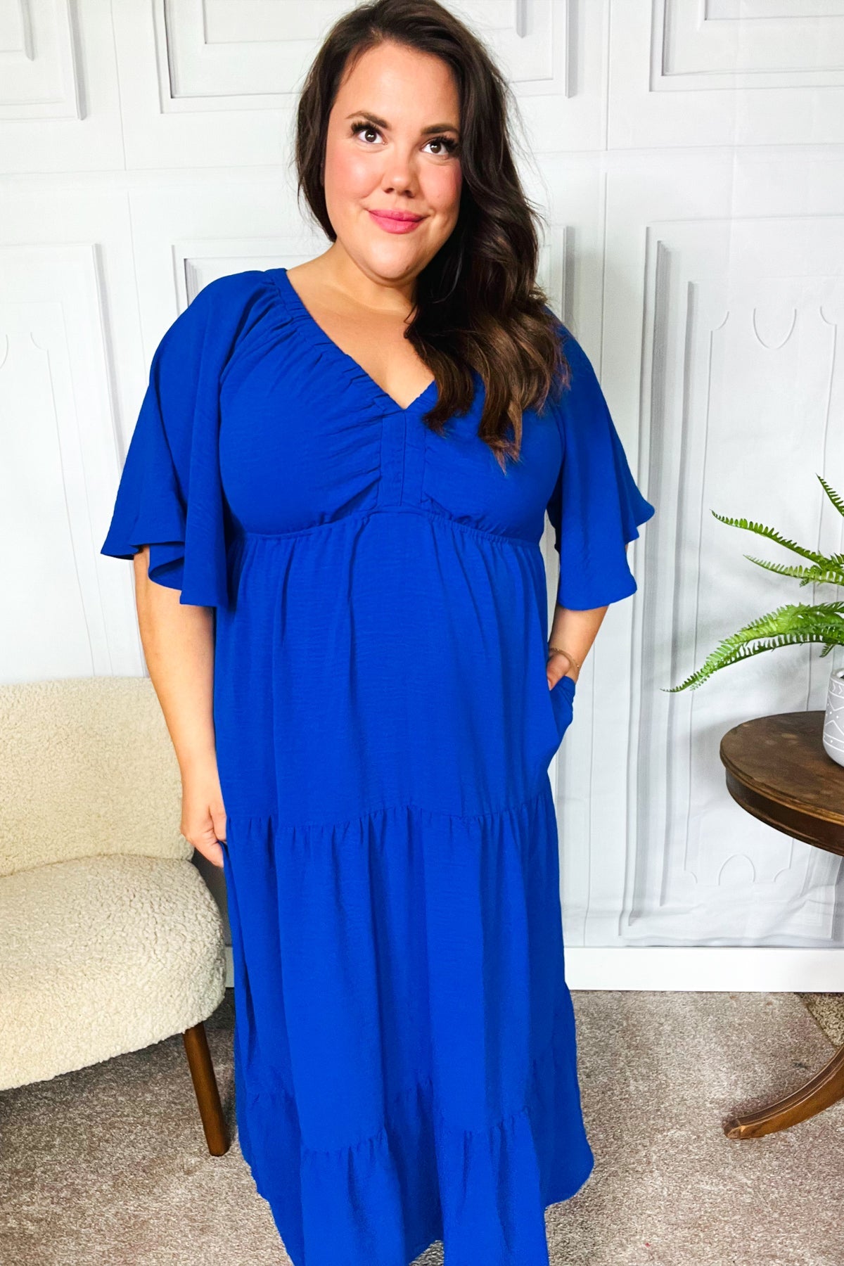Live For Today Royal Blue Elastic V Neck Tiered Maxi Dress